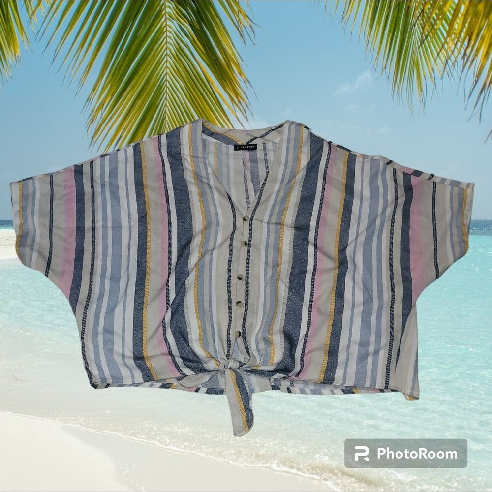 Style Envy Large Tie Front Top Stripes V Neck